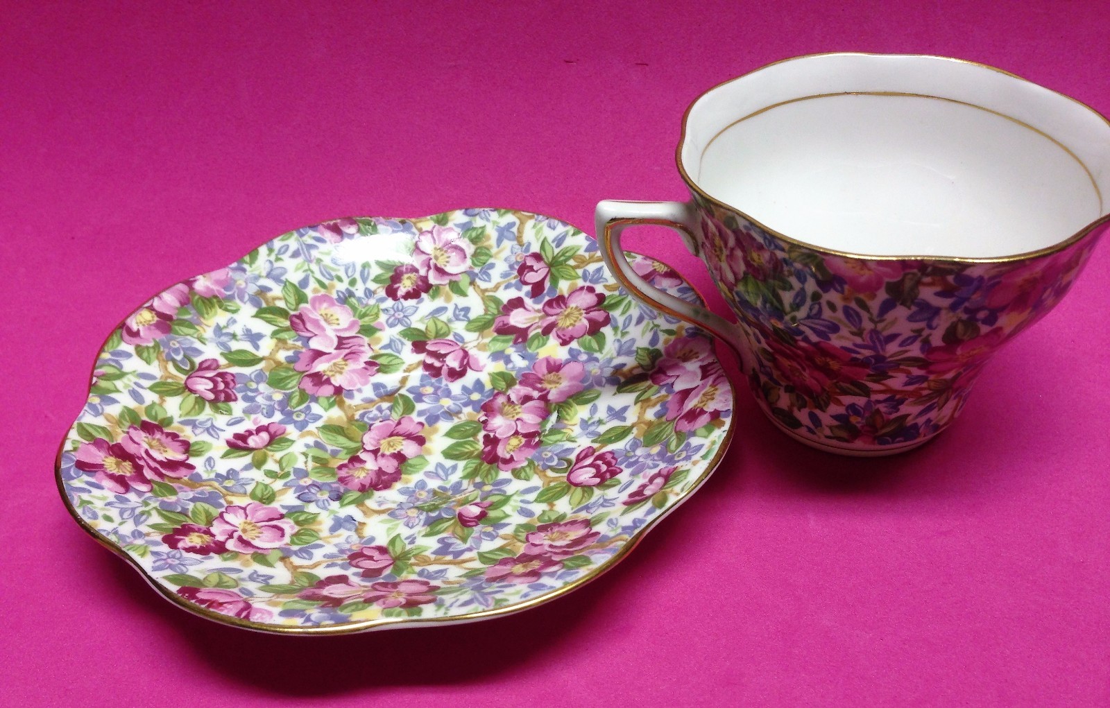 Rosina Queens 5025A Chintz China Footed Cup and Saucer Double Gold Trim England