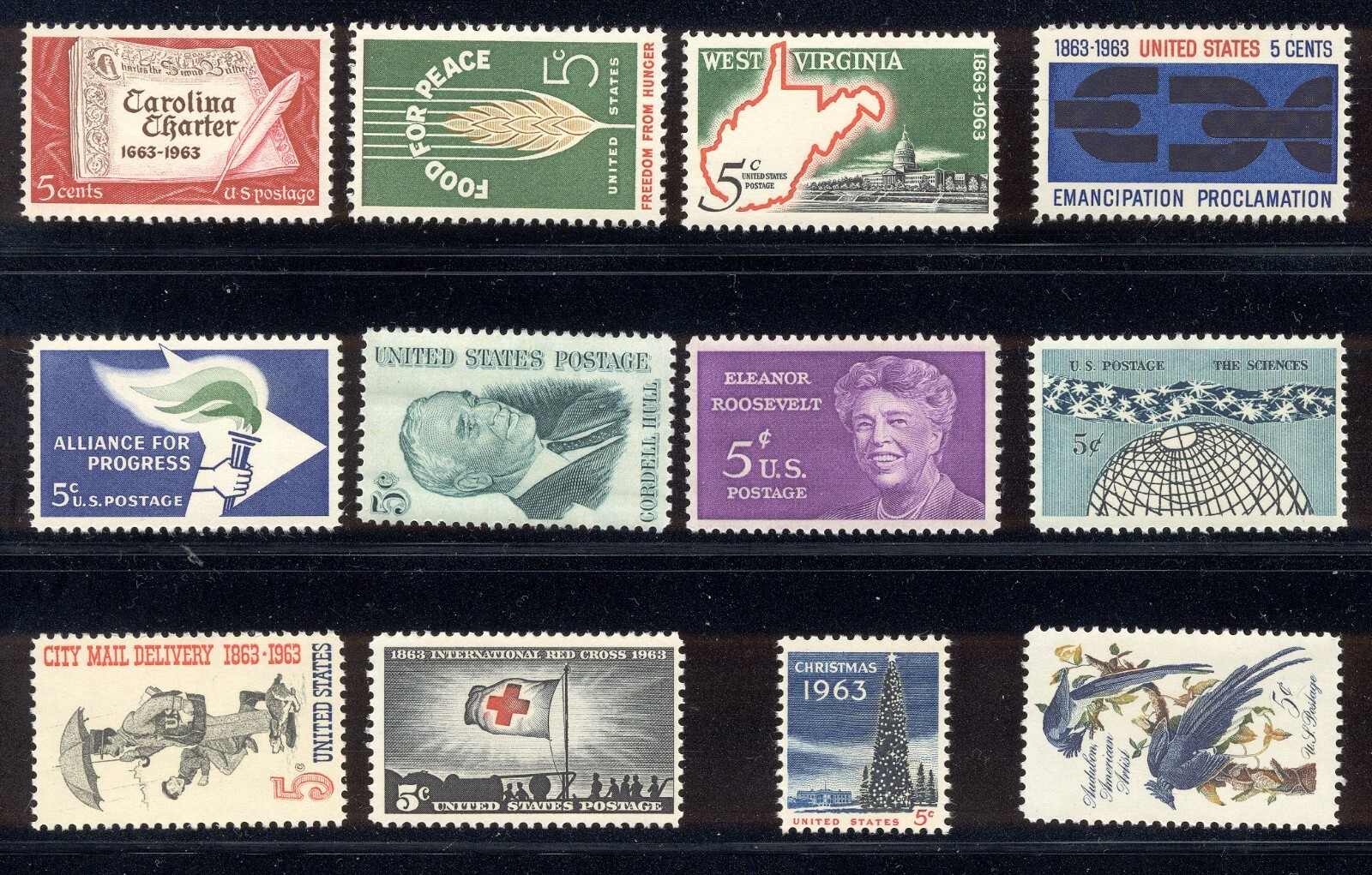 1963 COMMEMORATIVE YEAR SET OF TWELVE U.S. POSTAGE STAMPS