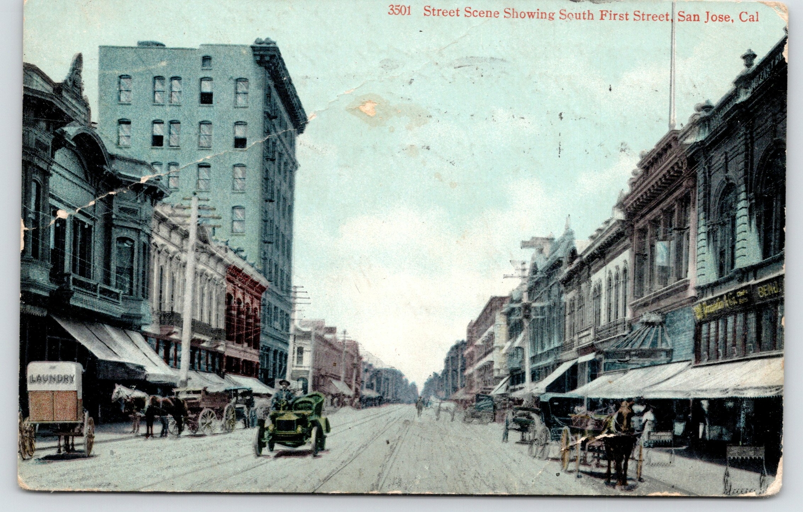 San Jose CA Only Car on Street Passes Laundry Wagon~Sidewalks Signs~Edifice 1909