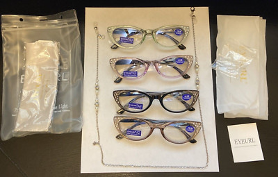 NIP! (4) PROFESSIONAL Blue Light Block READERS No Mag WITH CHAIN & CLOTH