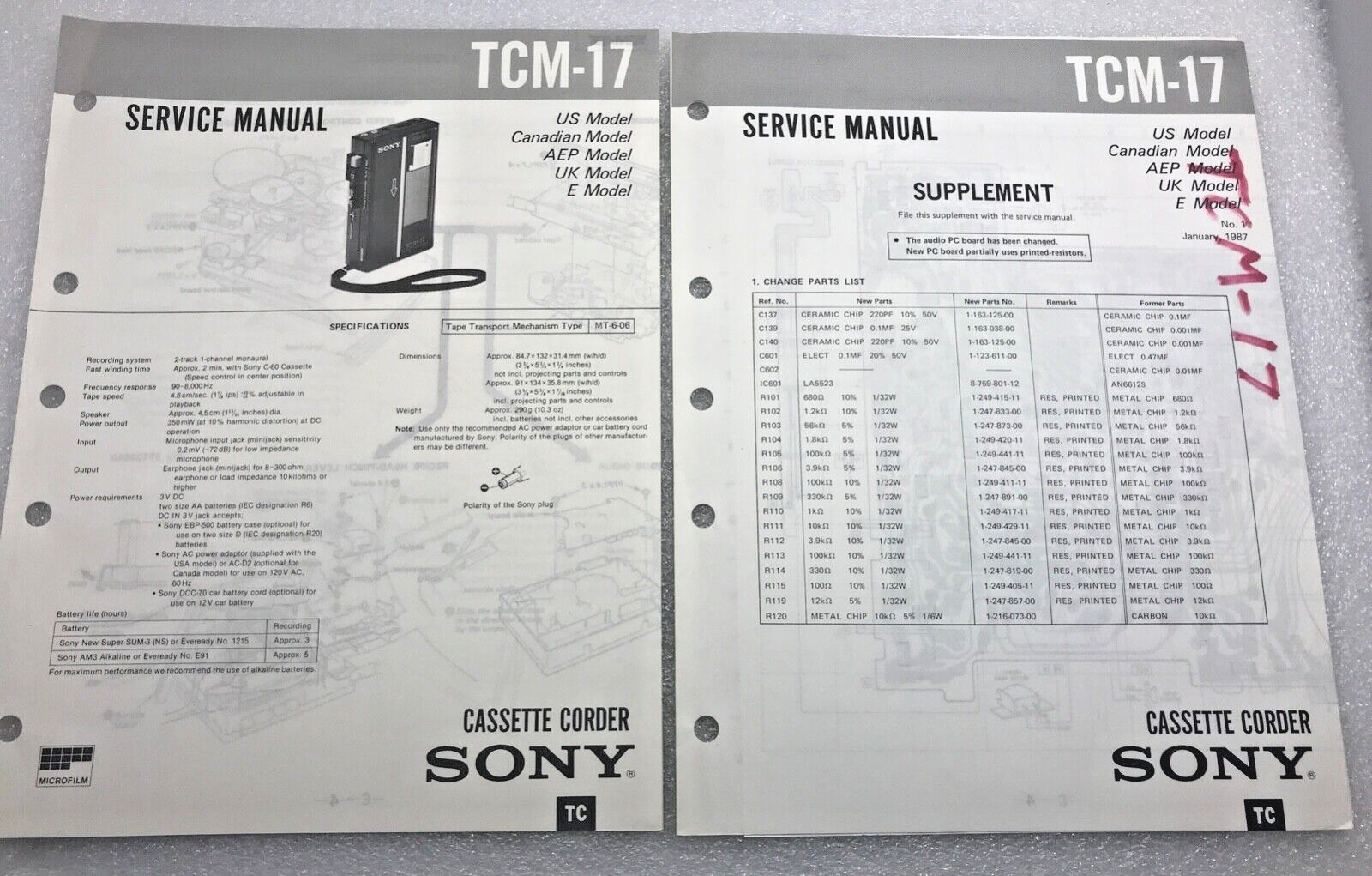 K Original OEM Sony TCM-17 Service Manual Repair Cassette
