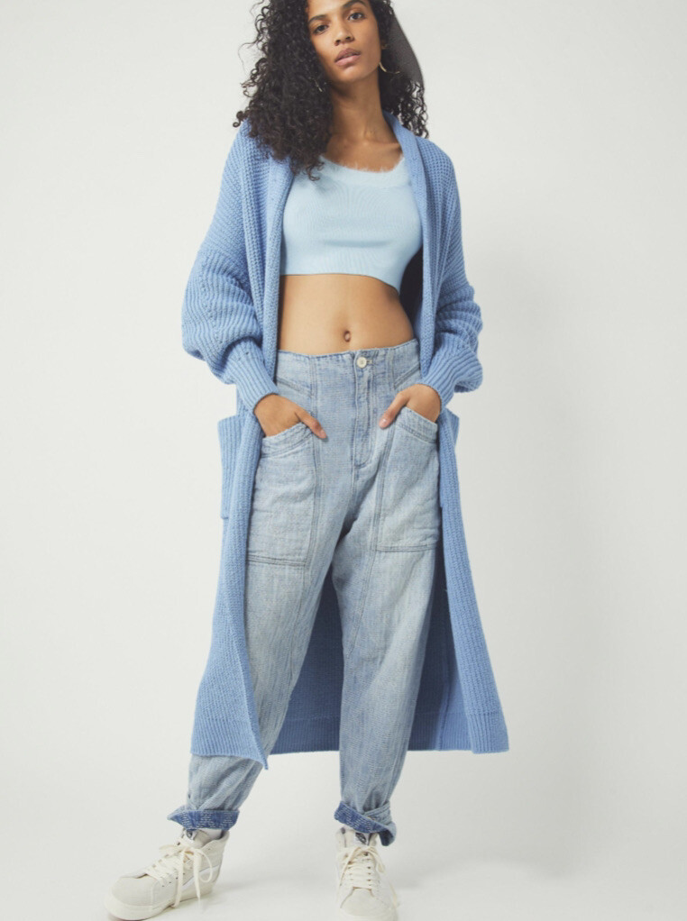 

Free People Skylark Cardi Maxi Плотный трикотаж в рубчик с открытой передней частью, синий , НОВИНКА, Blue