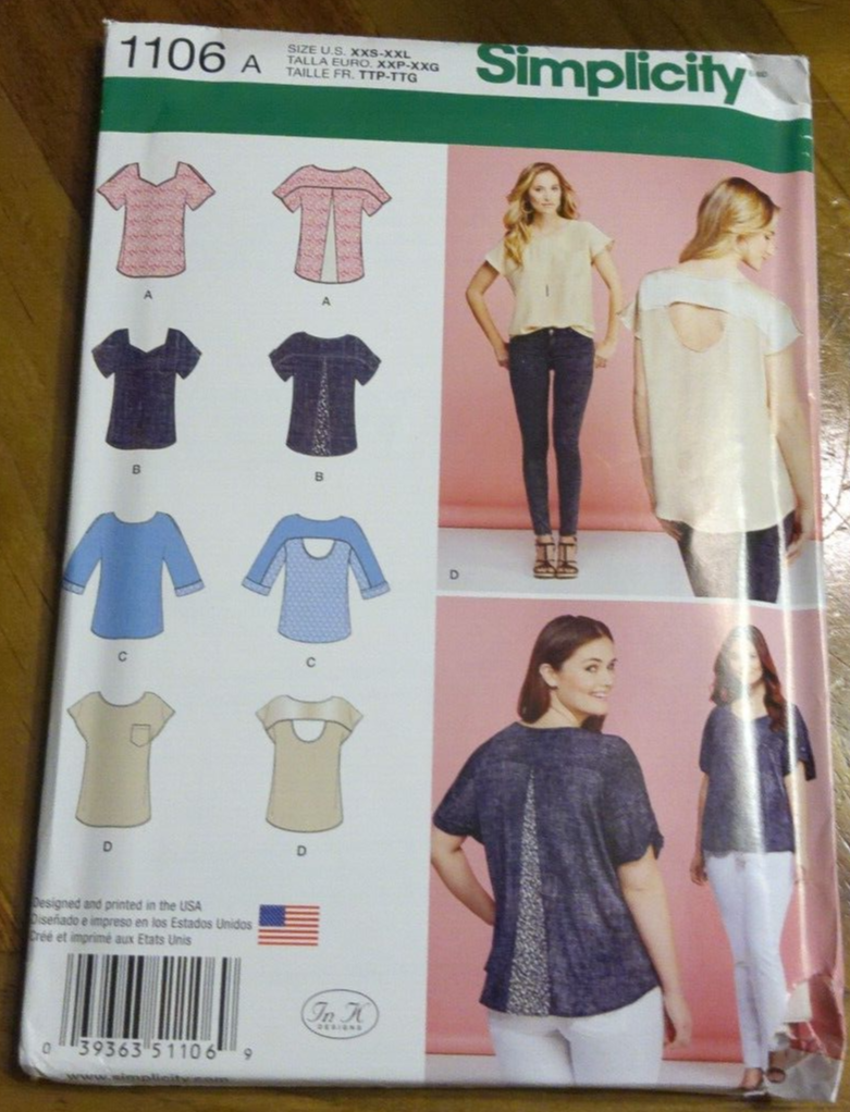 Simplicity Pattern 1106 Ms Tops w/Neckline~Sleeve & Back