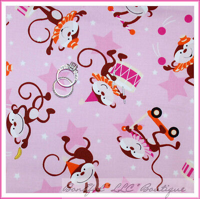 BonEful Fabric FQ Cotton Pink Baby Girl Circus Zoo STAR Brown Dot Monkey Banana