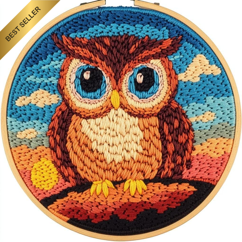 DIY Punch Needle Kits for Beginners Owl with Sunset with Hoop Punch Needle Start