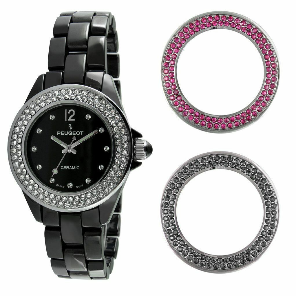 Pre-owned Peugeot Women's Watch Ps4910bk Black Ceramic Crystal Interchangeable Bezel Set