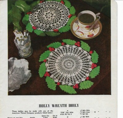 Vintage 1950 Crochet PATTERN for HOLLY WREATH Doily