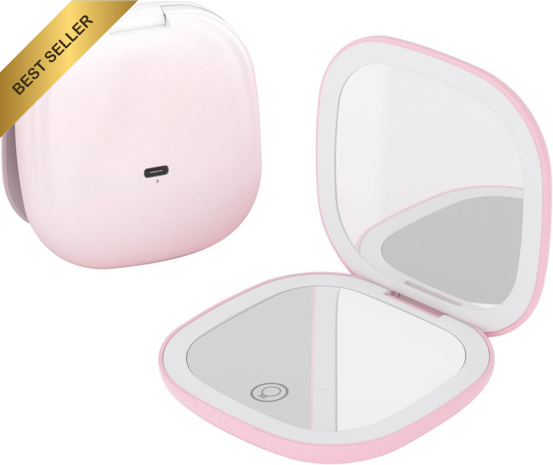 Pink 10X Magnifying Makeup Mirror – Compact Lighted Mirror with LED, USB-C Recha