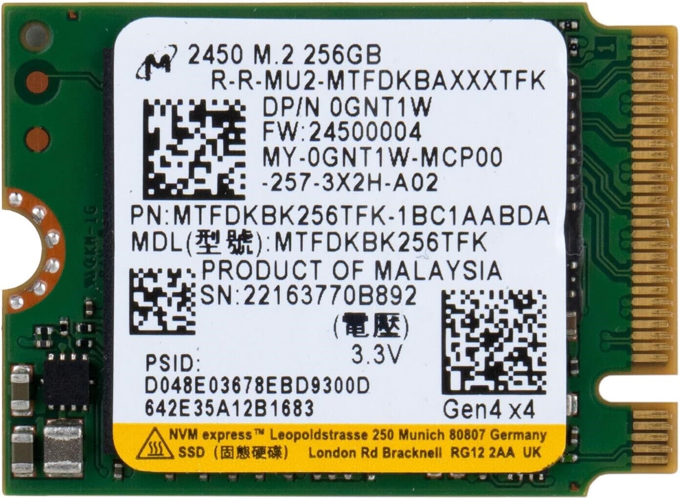 Micron 2450 256GB M.2 2230 PCIe Gen4x4 NVMe SSD 30mm
