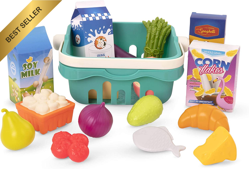 – Play Food & Basket – 18 Pieces of Toy Food – Grocery, Cooking, Play Kitchen To