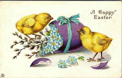 A Happy Easter Baby Chicks Giant Purple Egg Vintage 1916 Postcard #22