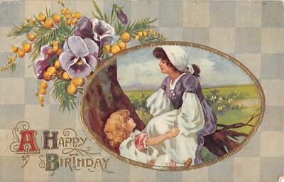 Pretty Mother & Child Playing Under A Tree by Pansies-1912 Birthday Postcard-887