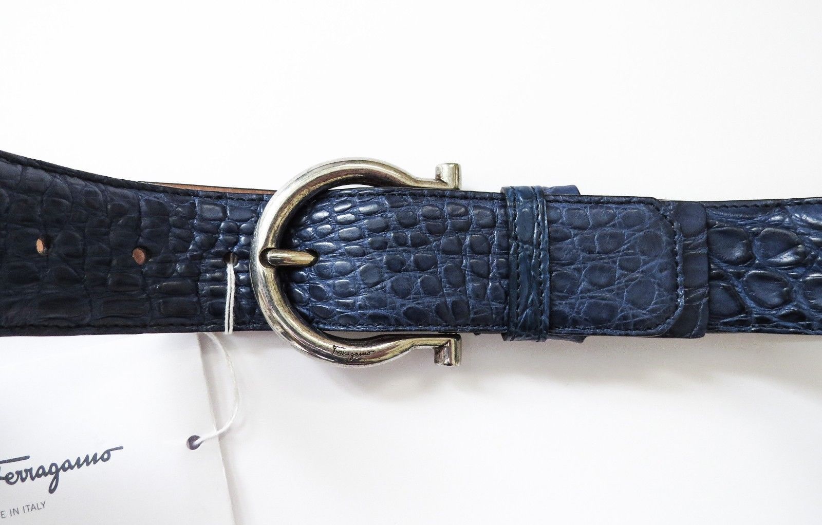 Pre-owned Ferragamo Salvatore  Wide Adjustable Blue Crocodile Gancini Belt Size 38 Us 95 Cm