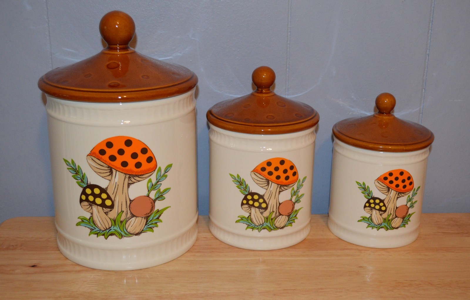 3 Merry Mushroom Sears Roebuck 1982 Kitchen Canister Set Lot Ceramic Retro 1982