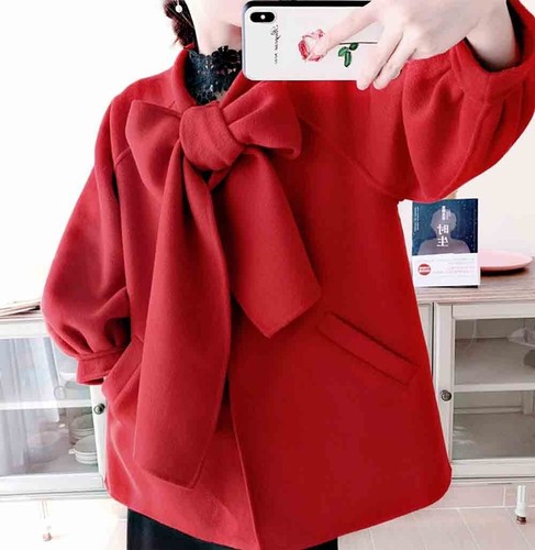 Pre-owned Handmade Custom Made To Order Tie Neck Bow Wool Blend Basic Jacket Coat Plus 1x-10x L537 In Red