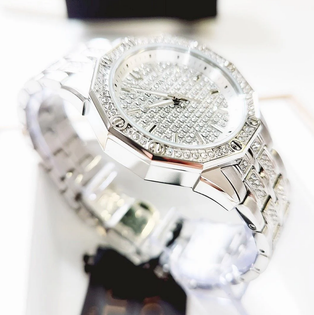 Pre-owned Bulova Octava Crystal Silver White Dial Dress Women's Watch 96l305