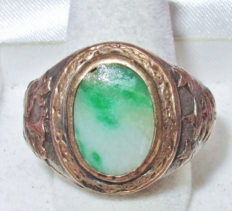 Antique Chinese Silver & Gold Ring w/ 14mm Green JADEITE Jade  (24.5g, size 10)