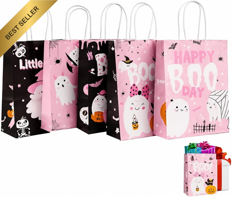Bags 30 Pack – Kraft Paper Treat Bags 21×15×8Cm with Rope Handles, 6 Spooky Desi