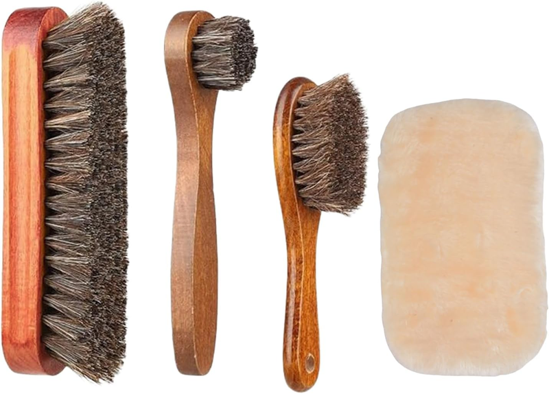 4 Pcs Horsehair Shine Shoes Brush Kit Polishing Applicator Cleaning Kit for Leat