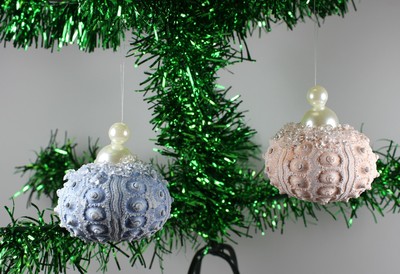 Sunbleached Jeweled Blue Pink Sea Urchins Christmas Holiday Ornaments Set of 2