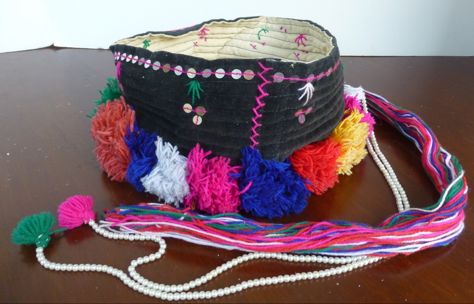 Palung-Burmese Traditional Hat worn by Married Women (with White Beads)