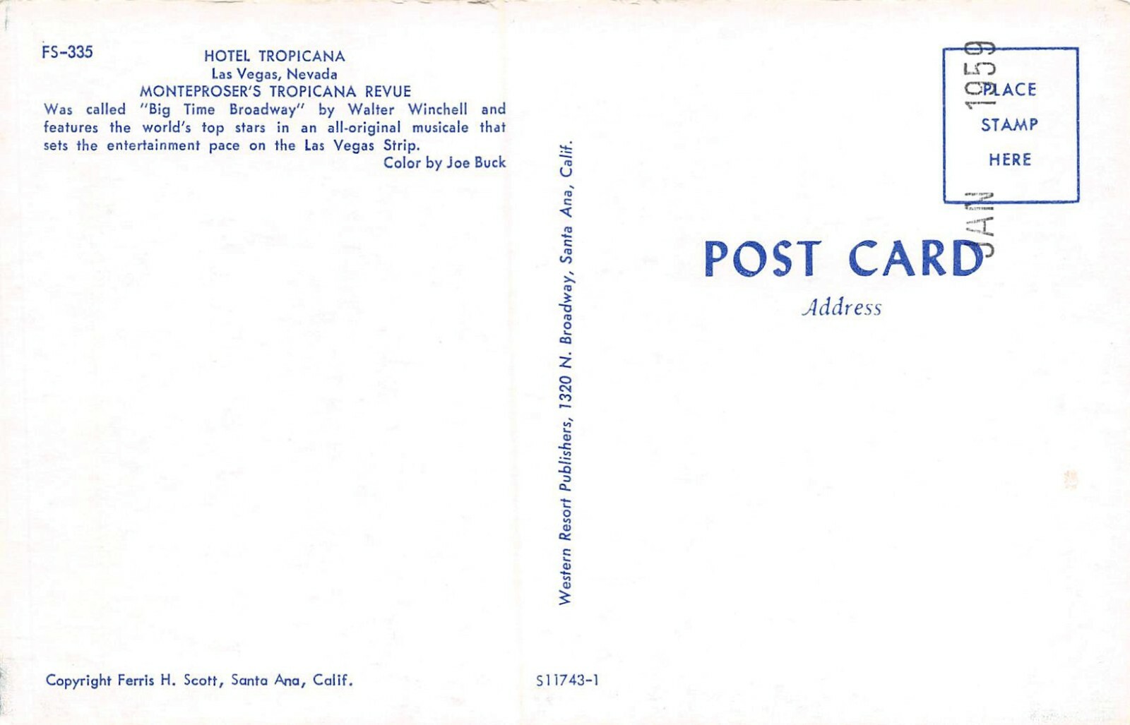 The Tropicana Monteproser's Tropicana Revue  Las Vegas,NV Vtg 1950's Postcard