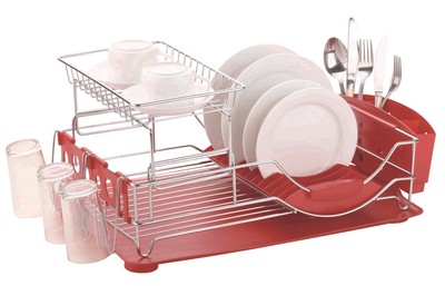 Home Basics 2 Tier Deluxe Chrome Dish Rack Drainer, Red, 20x13x10 Inches