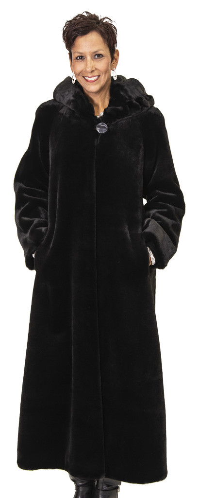 Pre-owned Nuage Full Length Black Faux Sheared Beaver Hooded Coat