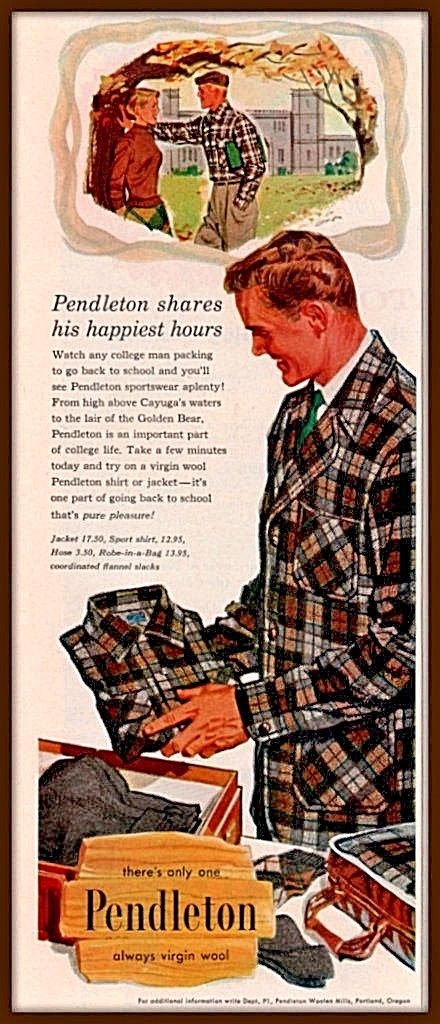 Details about 1957 Pendleton Virgin Wool Plaid College Men's Fashion Retro Vintage Print Ad Details about 1957 Pendleton Virgin Wool Plaid College Men's Fashion Retro Vintage Print Ad