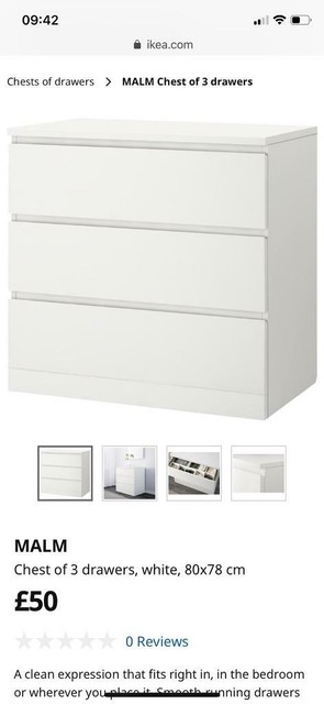 Ikea Malm White 3 Chest Of Drawers 80 X 78cm Used 1 Year Very