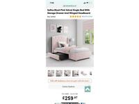 Safina Blush Pink Velvet Single Bed With Storage Drawer And Winged Headboard. 