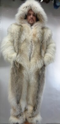 BRAND NEW ARCTIC COYOTE FUR SNOWSUIT JUMPSUIT COAT FUR MEN