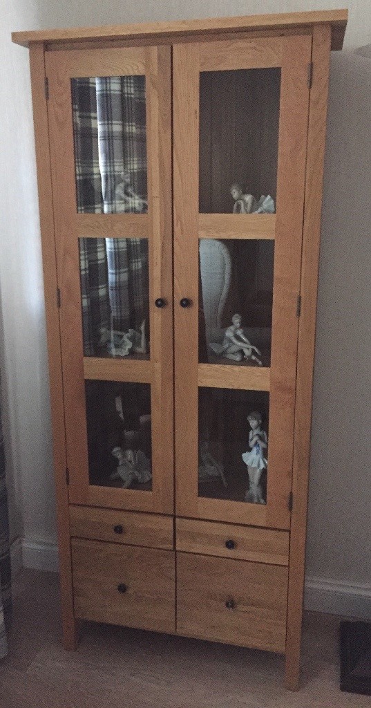 Solid Oak Display with Glass Doors, Two Wood Shelves and 4
