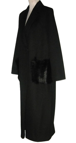 Pre-owned Kobi Halperin Channing Notch Collar Fur Pocket Long Coat L Black Msrp$898