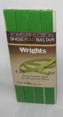 NOS Vintage Wrights Single Fold Bias Tape 4 Yards EMERALD GREEN Polyester/Cotton