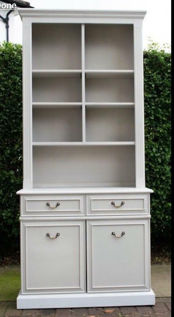 Narrow Attractive Grey Welsh Dresser With Upper Bookcase Shelves