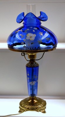 Fenton Lamp COBALT BLUE Table w FOUNT Golden Flax on Cobalt 23