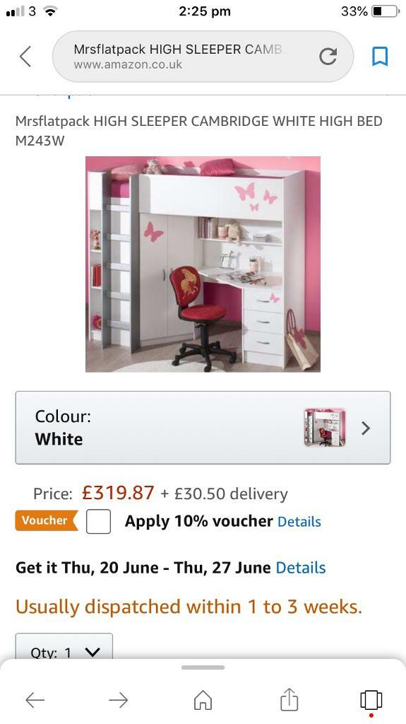 High Sleeper Bed With Wardrobe Drawers Desk And Bookshelf In
