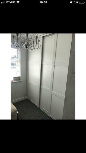Three White Shaker Style 3 Panel B Q Sliding Wardrobe Doors In