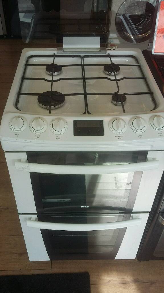 ZANUSSI WHITE 55CM WIDE DOUBLE OVEN FULL GAS COOKER WITH SAFETY GLASS