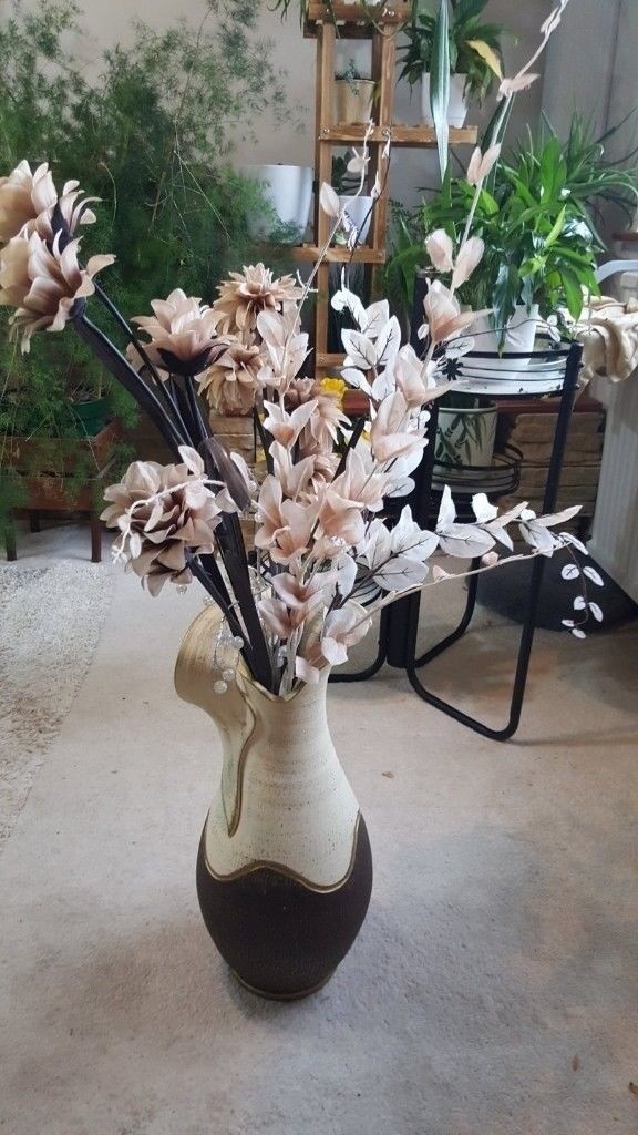 Lovely Large Cream And Brown Floor Vase With Artificial Flowers In