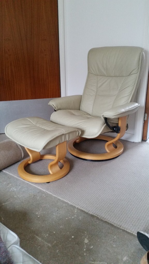 Ekornes Stressless Cream Leather Chair & Footstool in Derby
