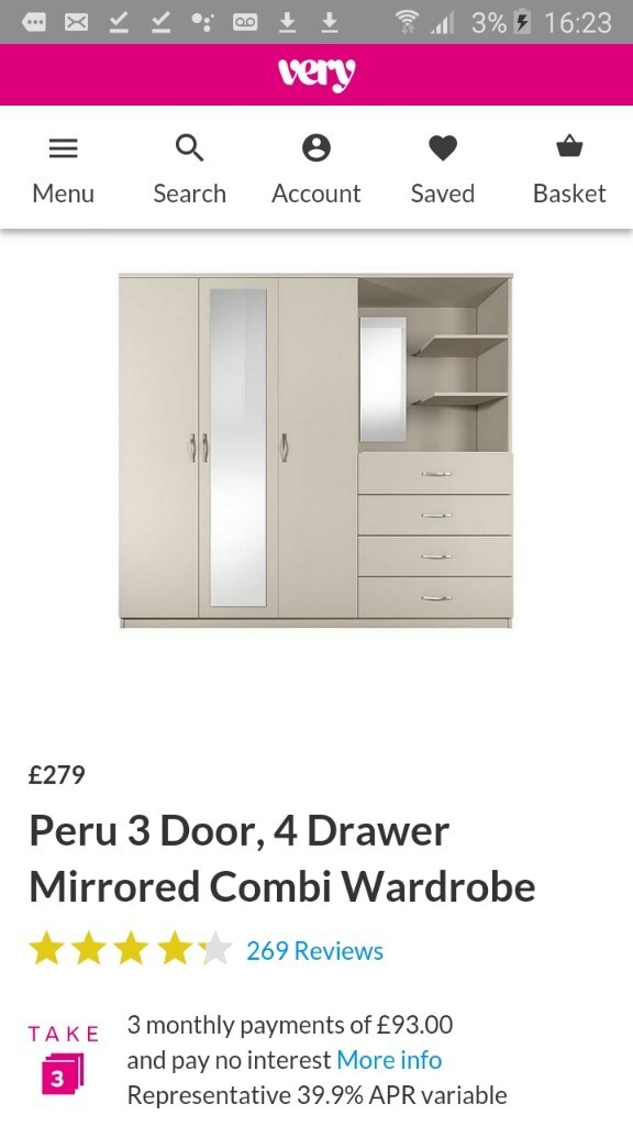 Peru 3 Door 4 Drawer Mirrored Combi Wardrobe In Kidsgrove