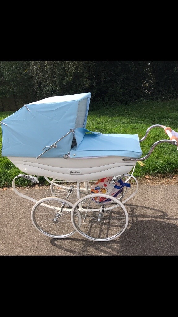 Baby blue and white silver cross coach built balmoral pram in