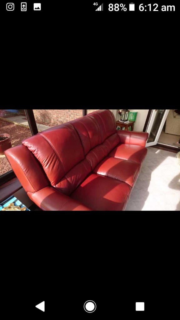 Leather three piece suite, excellent condition, red, recliner chair