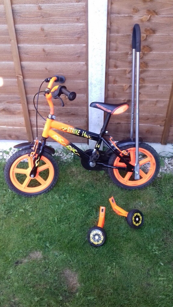 Kids 14" 'Strike' bike. With stabilisers, bell and detachable parent grab handle. in