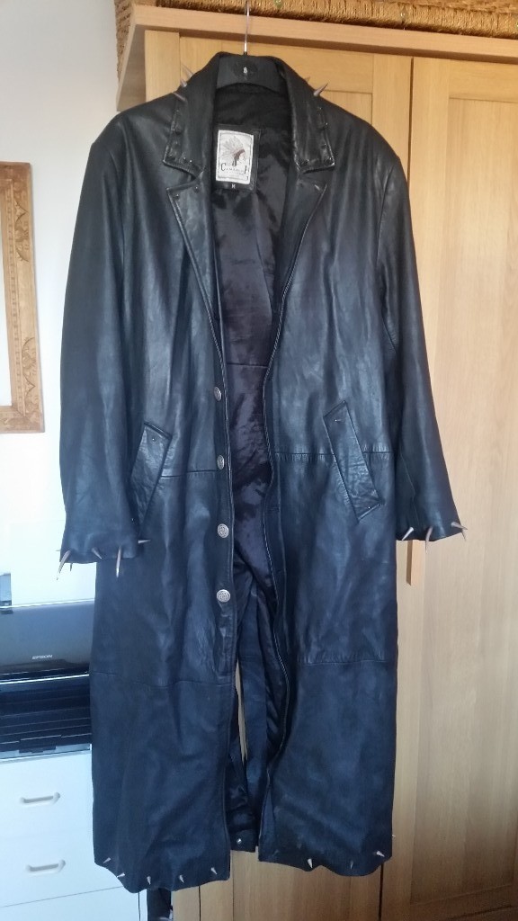 Genuine leather, men's full length black studded trench ...