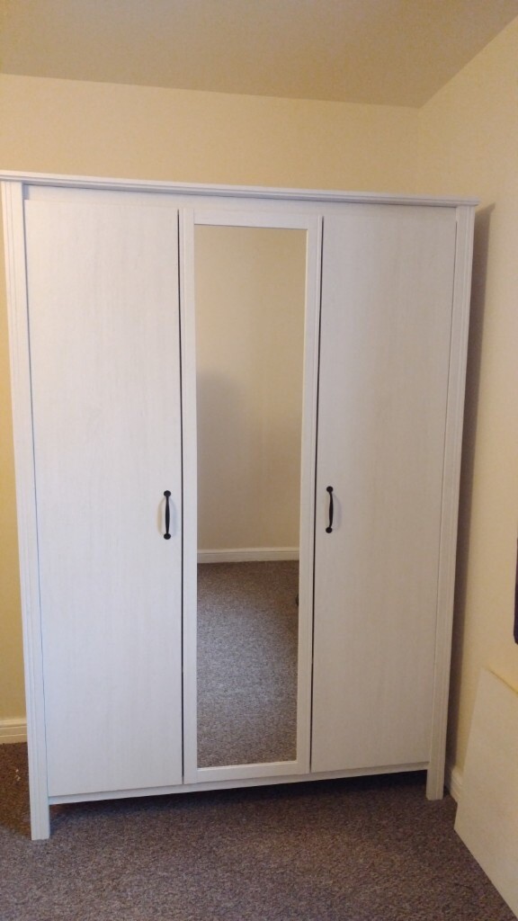 Freestanding Ikea Brusali 3 Door Wardrobe With Mirror In White
