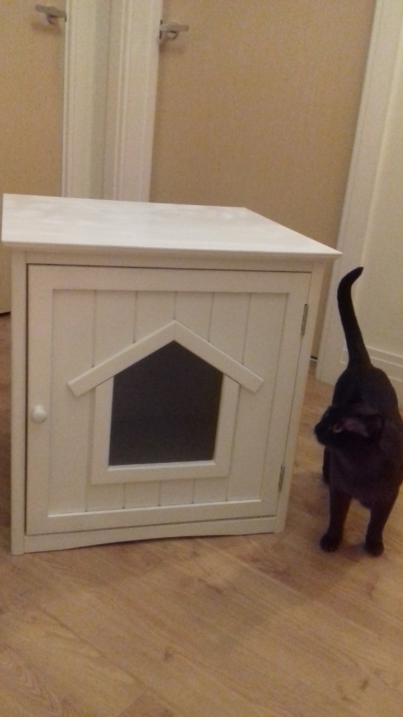 Cat litter house suitable for use in bathroom or for shelter in covered