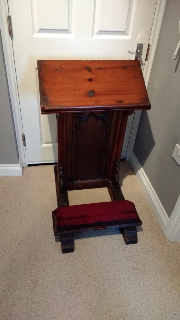 Antique Prie Dieu Wooden Church Prayer Kneeler Carved Lectern Cushion Stand Desk Quatrofoils